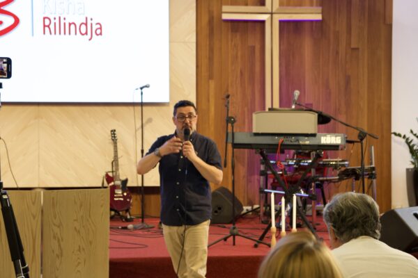 Paul Hatcher preaching in Tirana, Albania